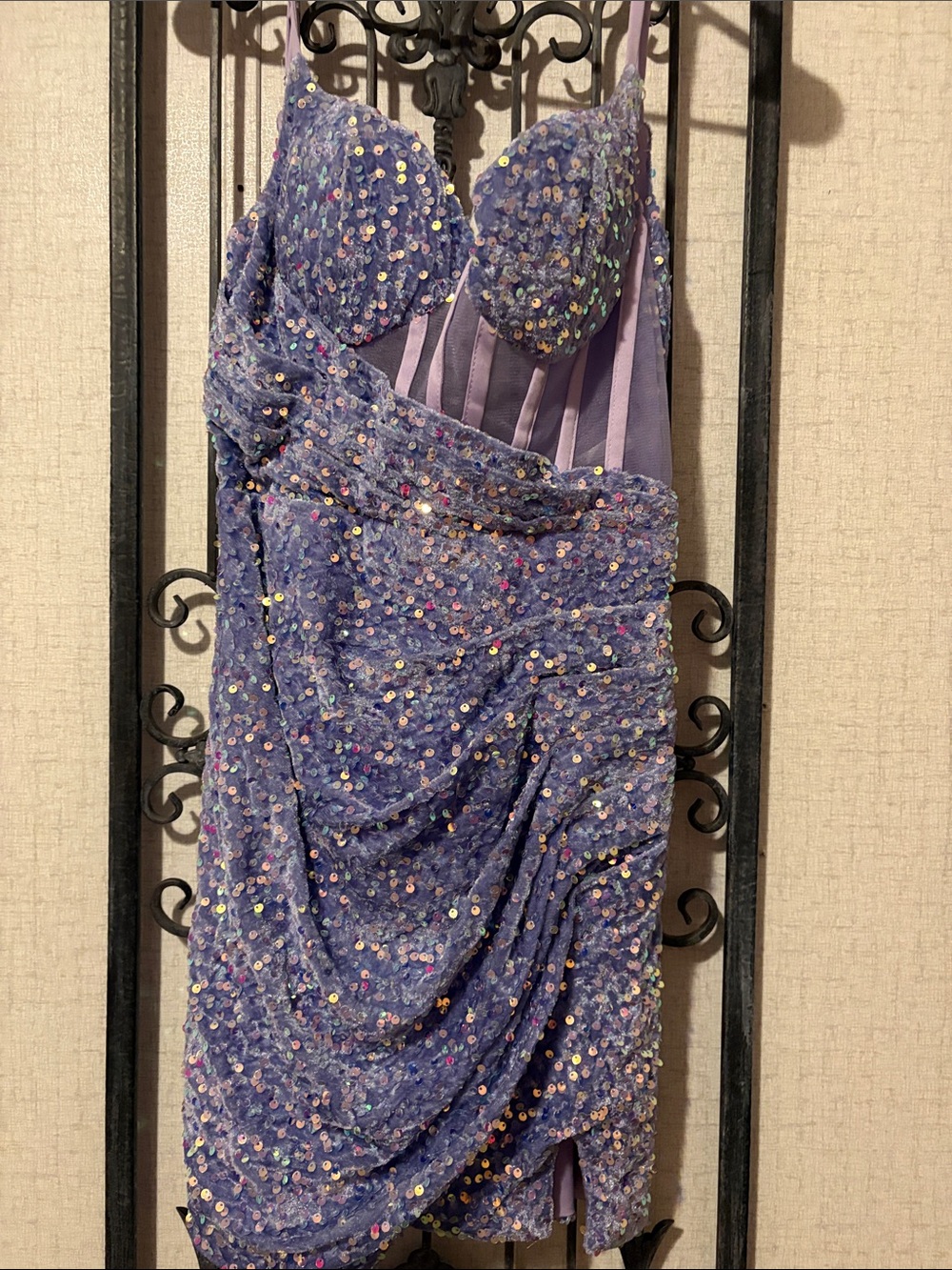 Lilac Sequin Draped Prom Dress with Sculpted Bodice